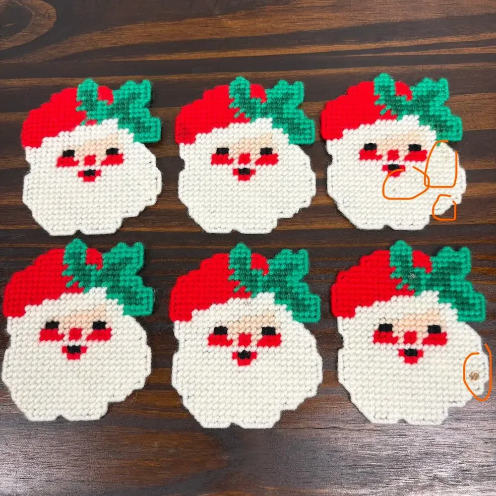 Plastic Canvas Needlepoint Stichery Handmade Santa Coaster Set of 6 Christmas